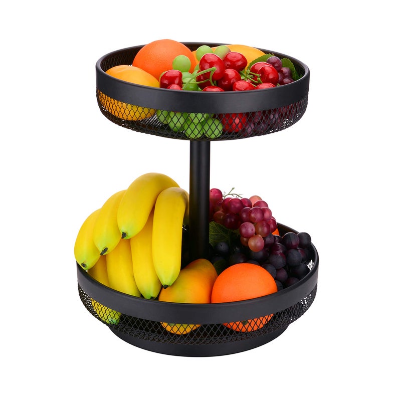IBERG 2 Tier Fruit Basket Mesh Fruit Bowl - Basket Stand for Fruits Vegetables Bread Snacks (Black) - Image 1